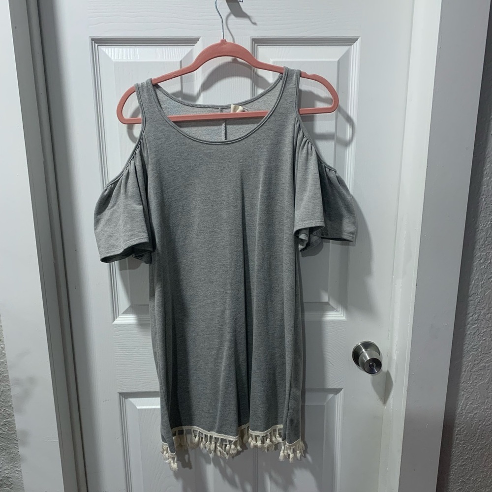 Gray cold shoulder dress with pom poms at bottom